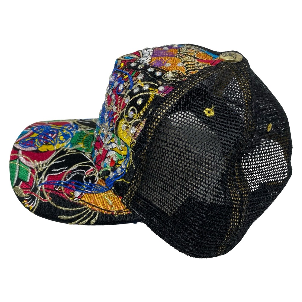 Christian Audigier Skull Rhinestone Embroidered Mesh Trucker Hat Black Multi - Picture 5 of 14